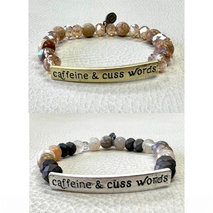 Caffeine & Cuss Words Natural Beads Stretch Bracelet SILVER OR GOLD