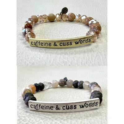 Caffeine & Cuss Words Natural Beads Stretch Bracelet SILVER OR GOLD