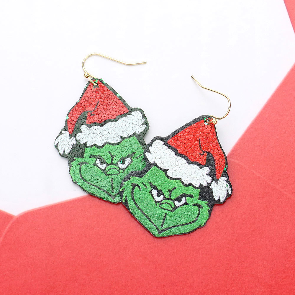 Glitter Grinch Face Hook Earrings