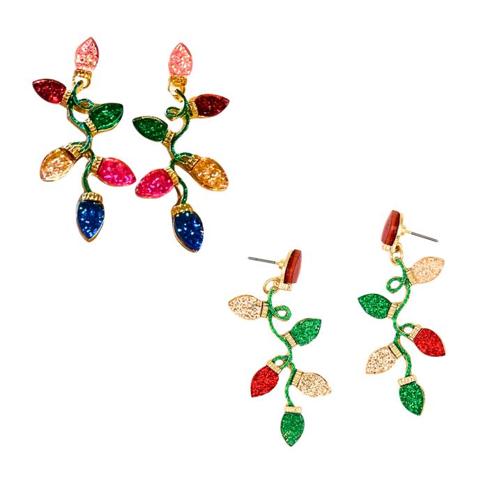 Glitter Christmas Lights Dangle Post Earrings - Red or Pink