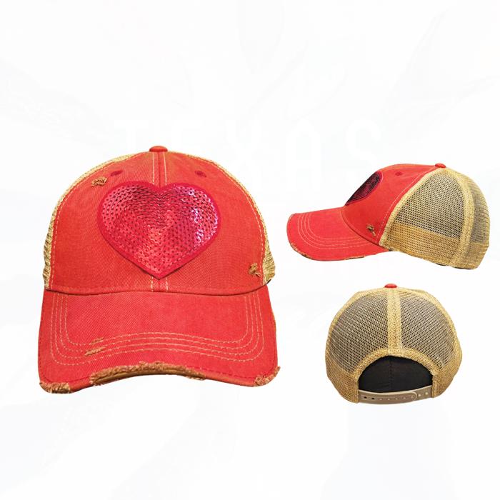 Red Sequin Heart Distressed Trucker Hat