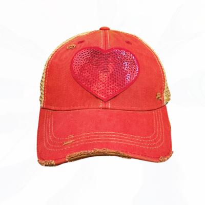 Red Sequin Heart Distressed Trucker Hat