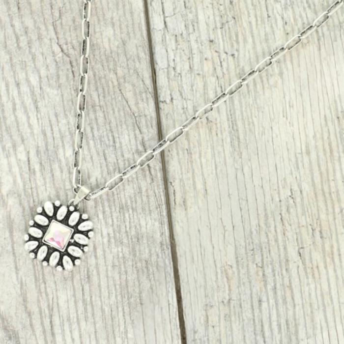 Western Floral Square Pendant Necklace AB SILVER
