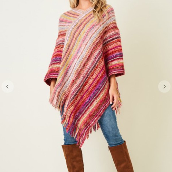 Multicolor Fringe Poncho Red