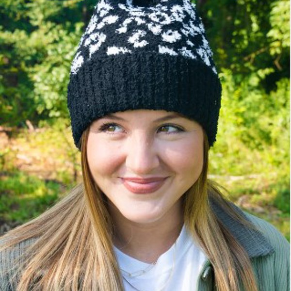 Super Cute Black & White Leopard Pom Beanie