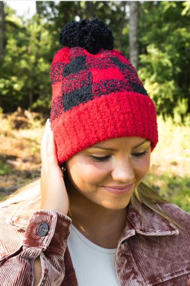 Super Cute Red & Black Check Pom Beanie