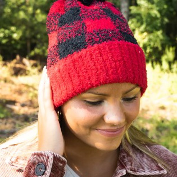 Super Cute Red & Black Check Pom Beanie