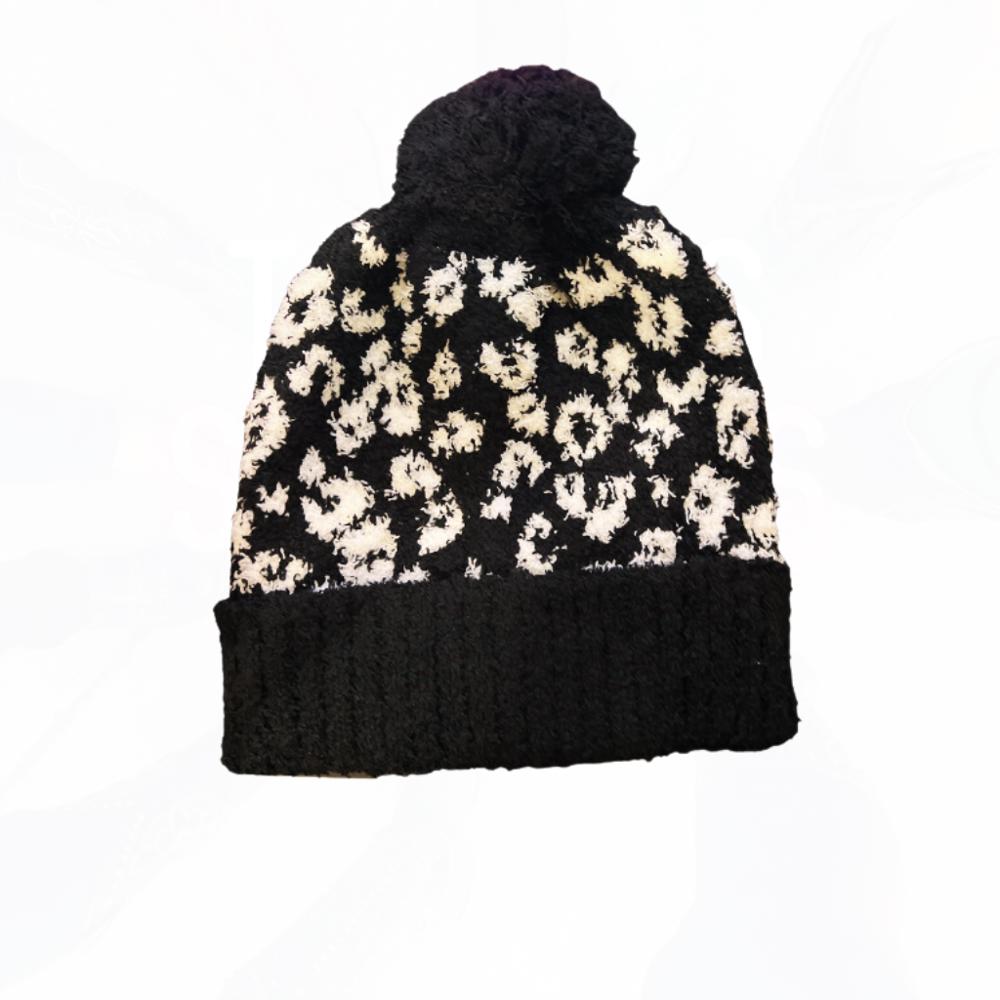 Super Cute Black & White Leopard Pom Beanie