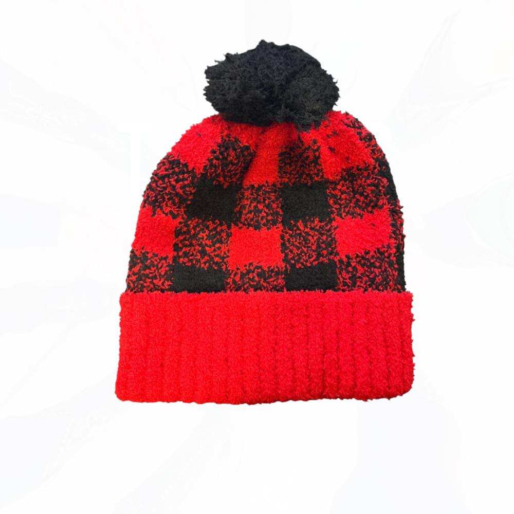 Super Cute Red & Black Check Pom Beanie