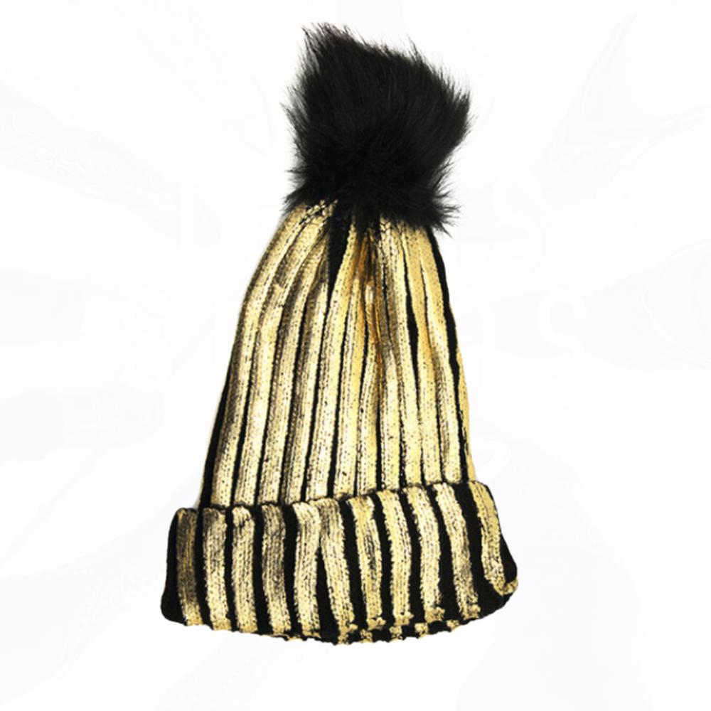 Sassy Metallic Gold & Black Striped Pom Beanie