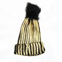  Sassy Metallic Gold & Black Striped Pom Beanie