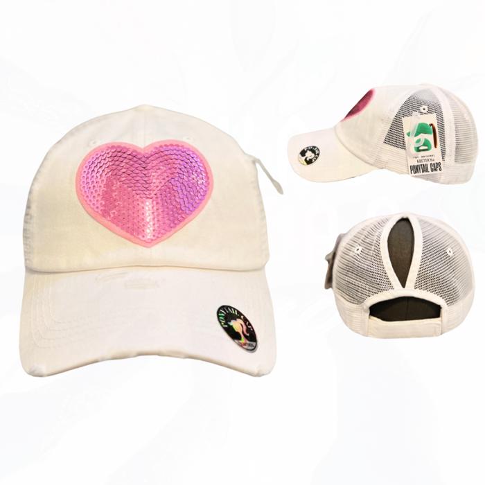 Pink Sequin Heart Patch Pony Hat