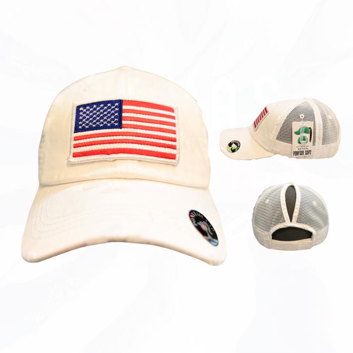 WHITE AMERICAN FLAG PONYTAIL HAT