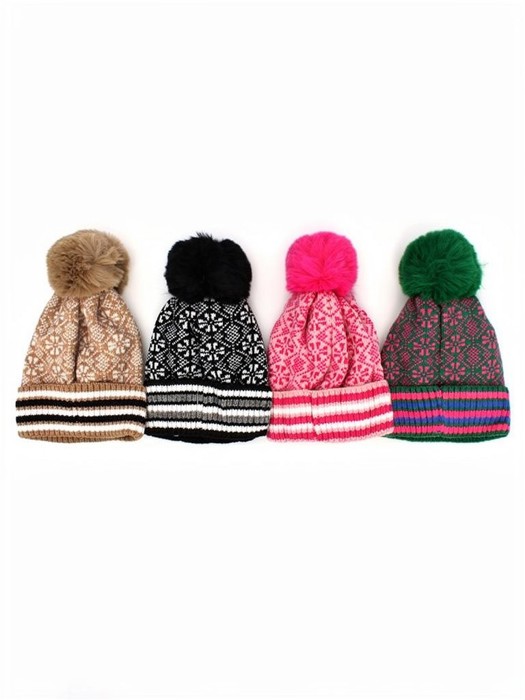 Double Layer Ribbed Knit Winter Pom Geometric Beanies - 7 colors
