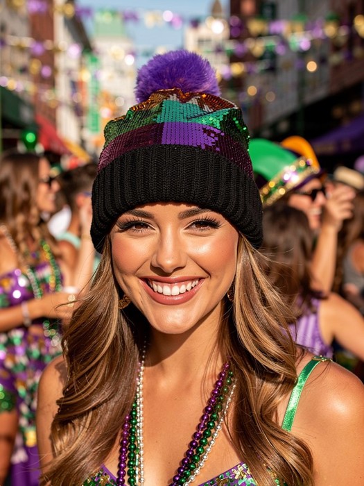 Mardi Gras Theme Ribbed Knit Winter Pom Sequin Beanie