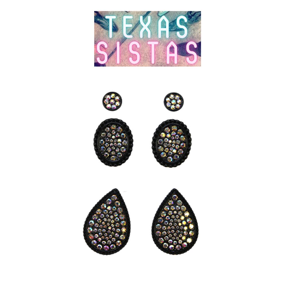 Black AB Stone Trio Earring Set - FREE SHIPPING