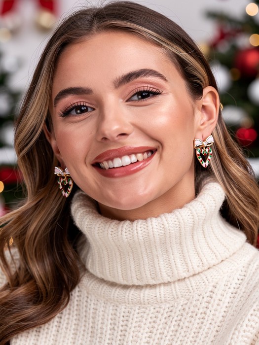 CHRISTmas Candy Cane Heart Bow Bling Stud Earrings