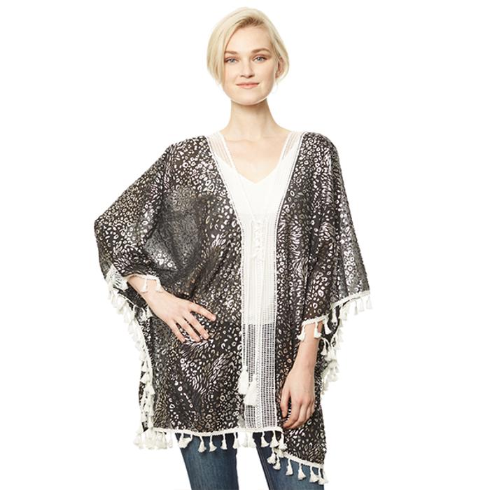 Oh So Cute Fringe Leopard Kimono Cover Up Black & Silver