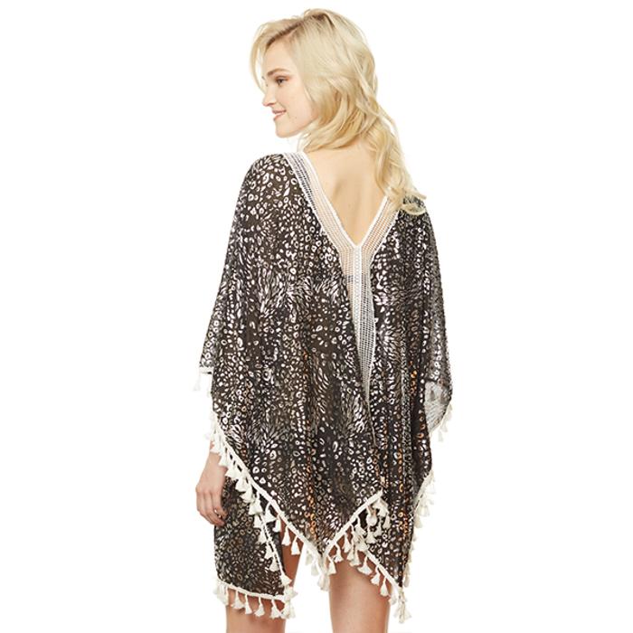 Oh So Cute Fringe Leopard Kimono Cover Up Black & Silver