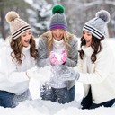  Double Layer Ribbed Knit Winter Pom Geometric Beanies - 7 colors
