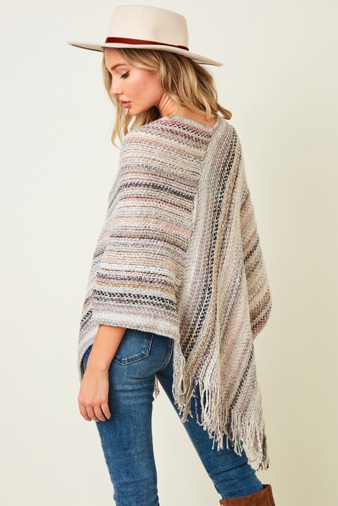 Multicolor Fringe Poncho Ivory