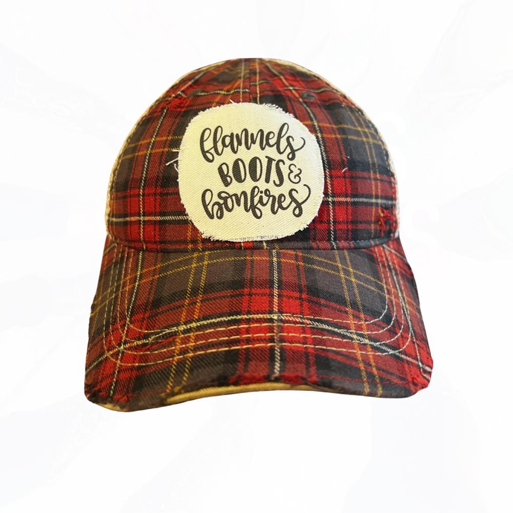 flannels BOOTS & bonfires Plaid Trucker Hat - FREE SHIPPING