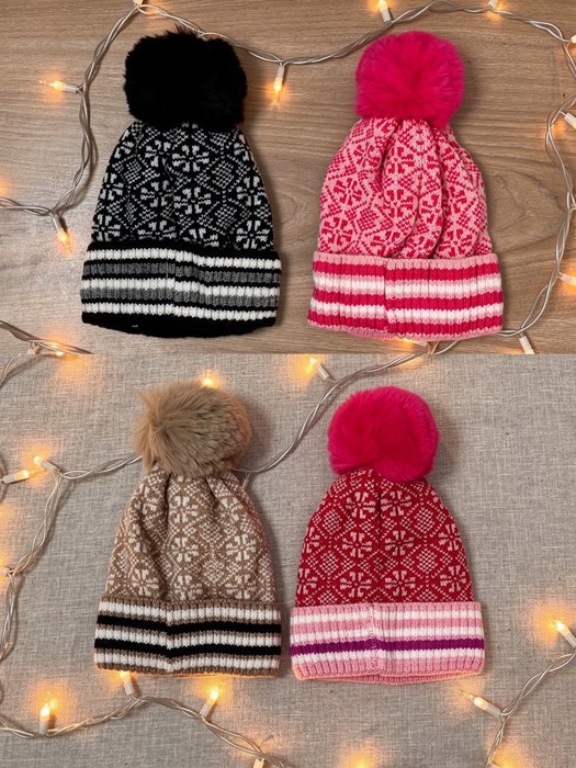 Double Layer Ribbed Knit Winter Pom Geometric Beanies - 7 colors