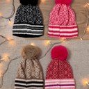  Double Layer Ribbed Knit Winter Pom Geometric Beanies - 7 colors