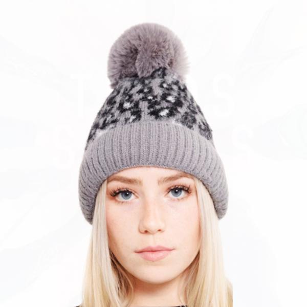 Sassy Gray Leopard Pom Beanie