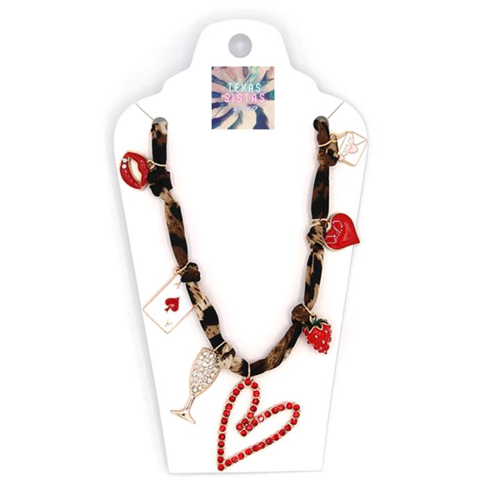 Leopard HEARTS Charm Adjustable Scarf Necklace Bling Heart