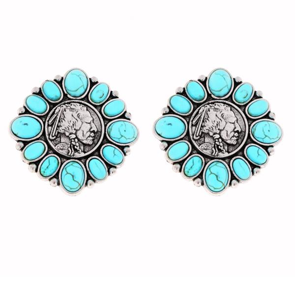 WESTERN TURQUOISE SEMI STONE BUFFALO COIN DROP EARRINGS - FREE SHIPPING