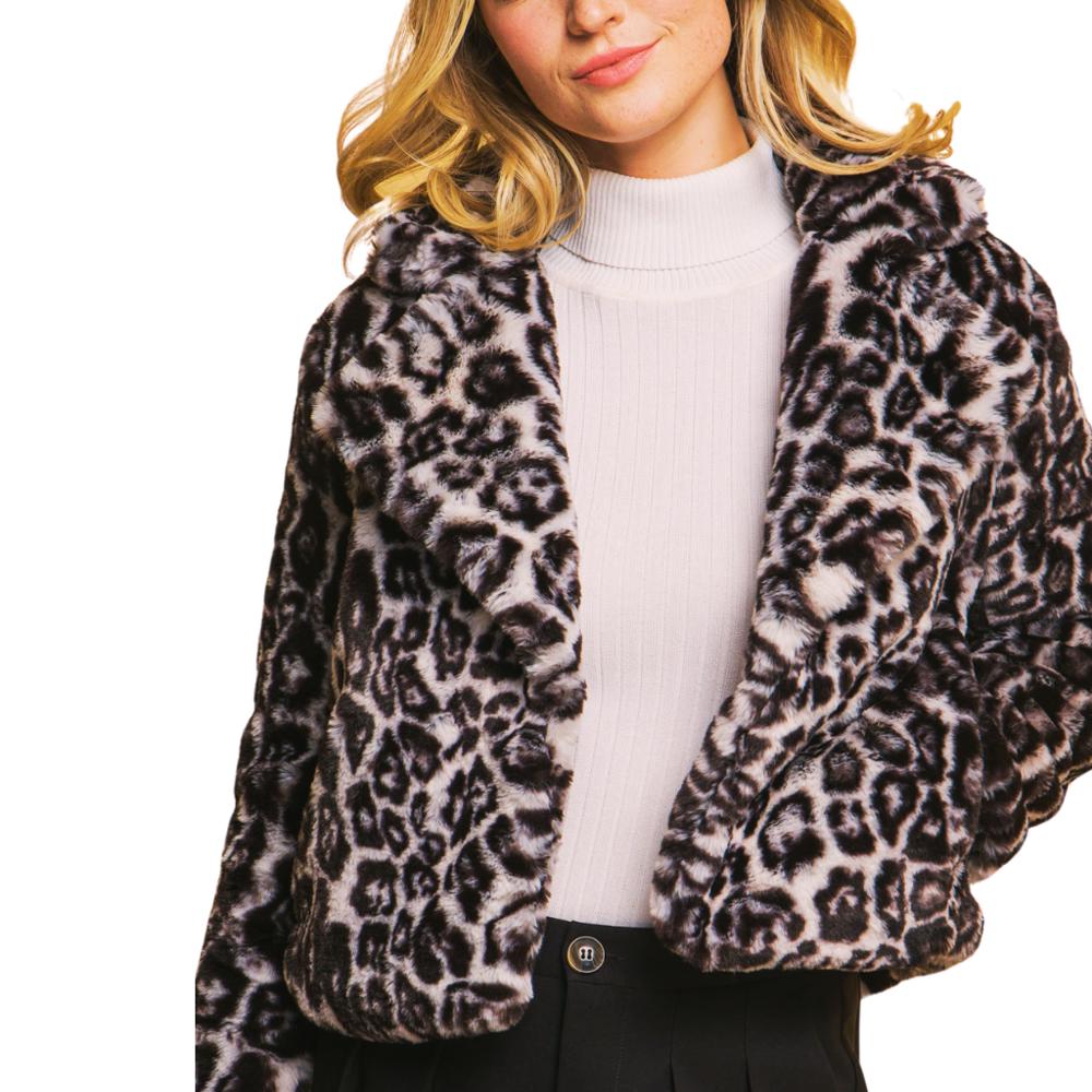 Leopard Print Faux Fur Jacket Black - FREE SHIPPING