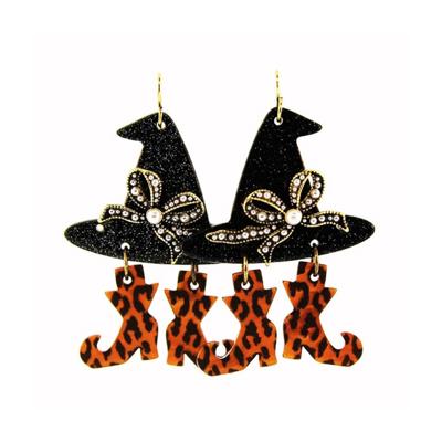 So Cute Withches Bow Hat with Leopard Shoes Halloween Earrings