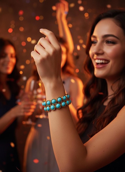 2 Line Turquoise Stone Stretch Gold Bracelet