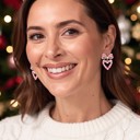  Candy Cane Heart Bow Bling Stud Earrings PINK