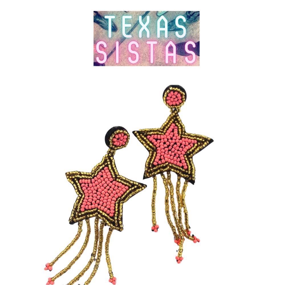 Seed Bead Star Fringe Earrings Coral & Gold