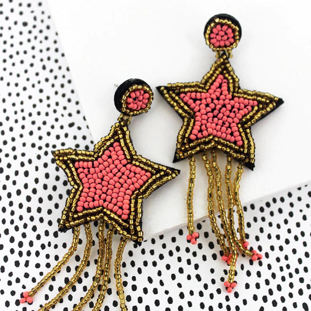 Seed Bead Star Fringe Earrings Coral & Gold