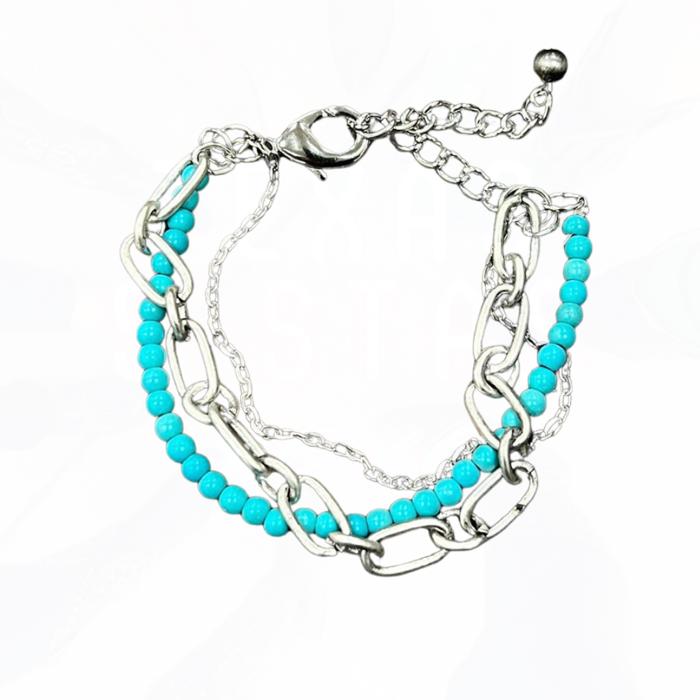 Turquoise  Beads & Silver Chains Bracelet Adjustable