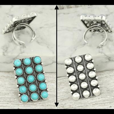 Western Bubble Rectangle Stretch Rings - Silver or Turquoise