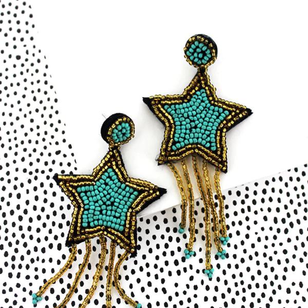 Seed Bead Star Fringe Earrings Turquoise & Gold - Free Shipping