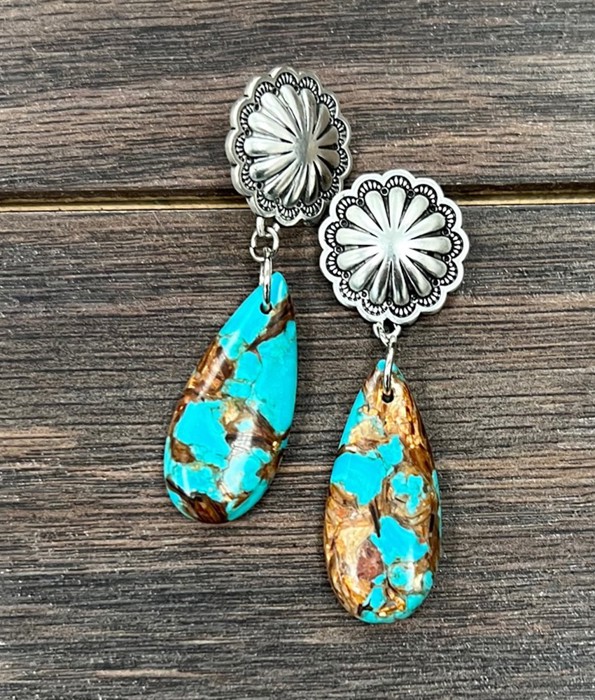 Natural Gemstone Silver Concho Drop Earings