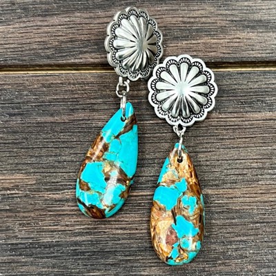 Natural Gemstone Silver Concho Drop Earings
