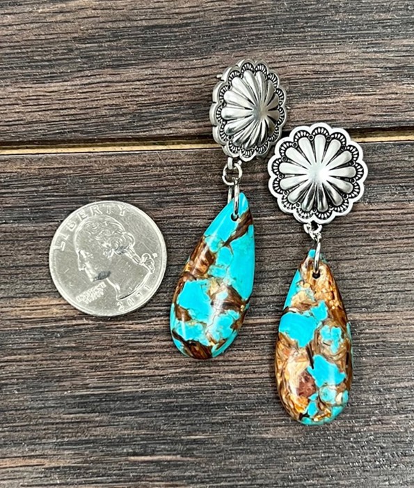 Natural Gemstone Silver Concho Drop Earings