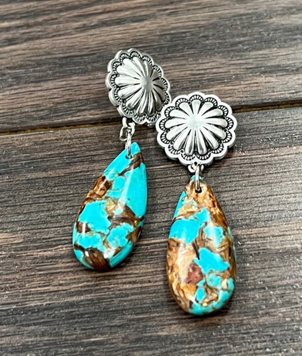 Natural Gemstone Silver Concho Drop Earings