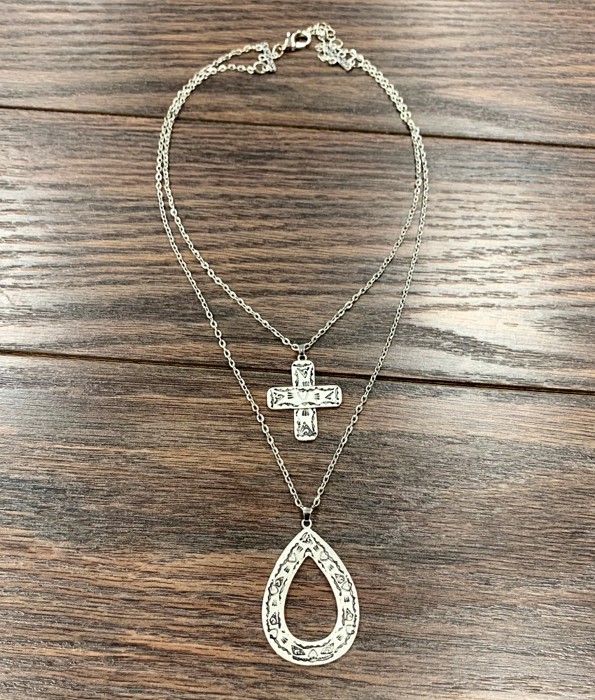 Silver Aztec Cross Teardrop Double Chain Necklace