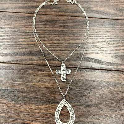 Silver Aztec Cross Teardrop Double Chain Necklace