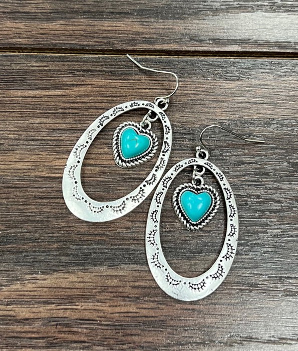 Heart Turquoise Drop Dangle Silver Earrings