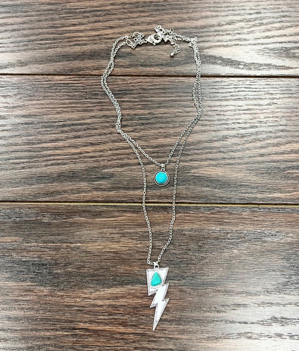 Double Strand Lightning Bolt Tuquoise Silver Necklace