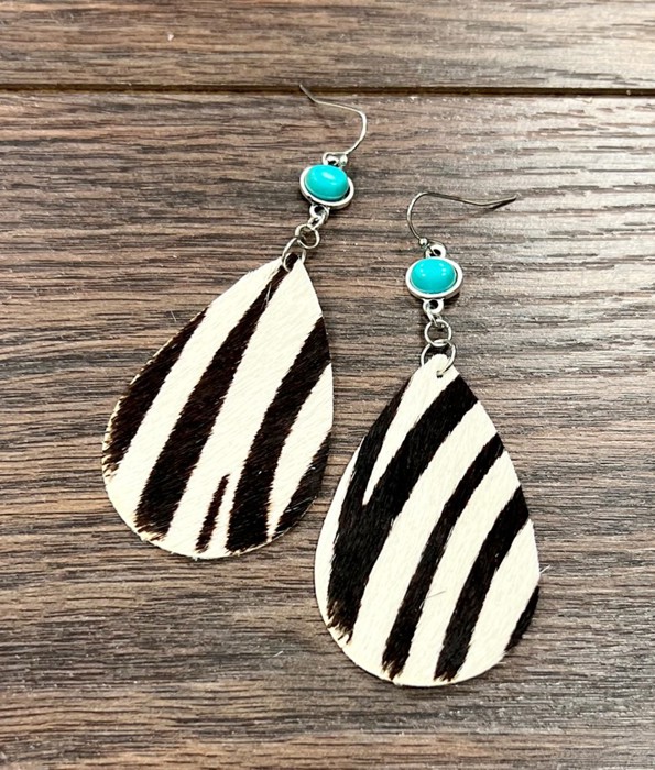Natural Turquoise Stone Hair on Hyde Leather Drop Earrings
