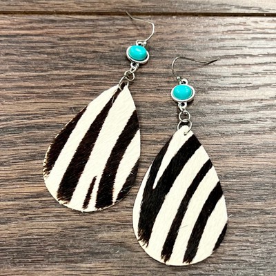 Natural Turquoise Stone Hair on Hyde Leather Drop Earrings